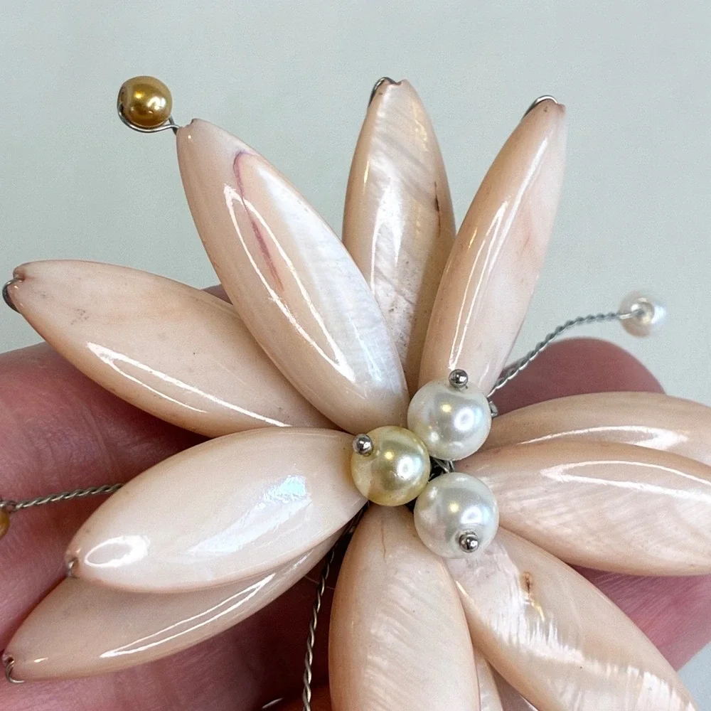 Vintage Flower Brooch Peach Carved Shell Faux Pearl Petal Statement Pin